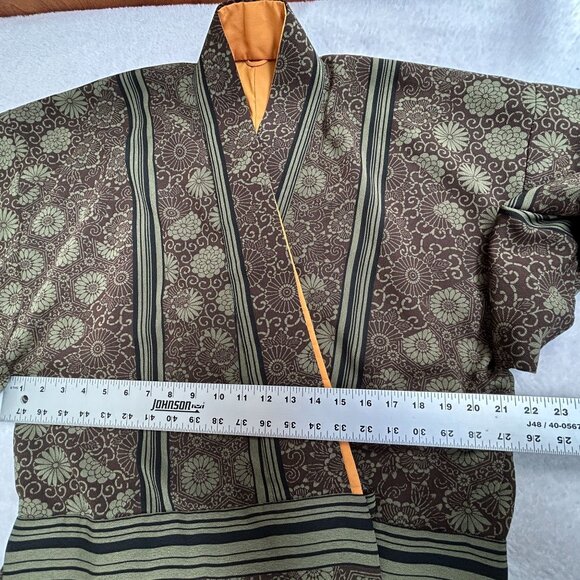 Japanese Kimono Jacket Womens Brown Green Floral Stripe Pattern Boho Lightweight - Picture 6 of 7
